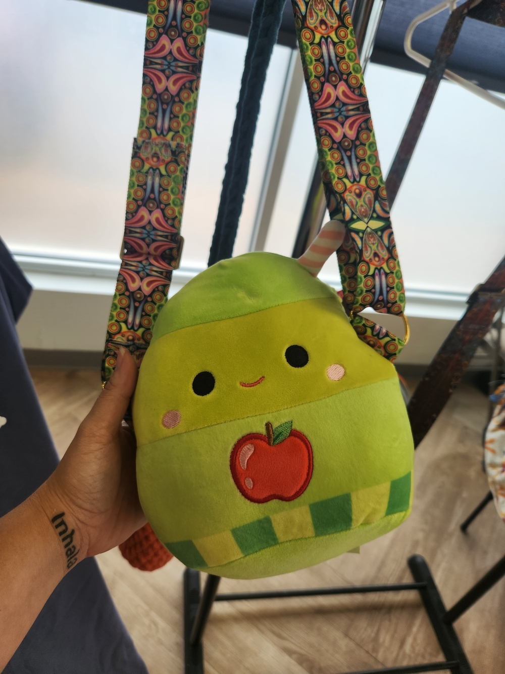 Squishmallows Green Plush Crossbody Bag with Red Apple Patch